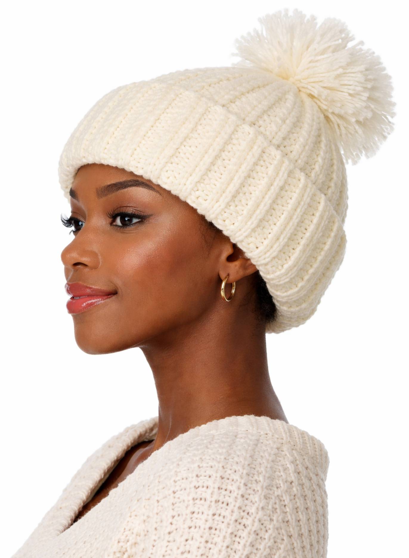 Off-White Fluffy Ribbed Beanie - Image 2